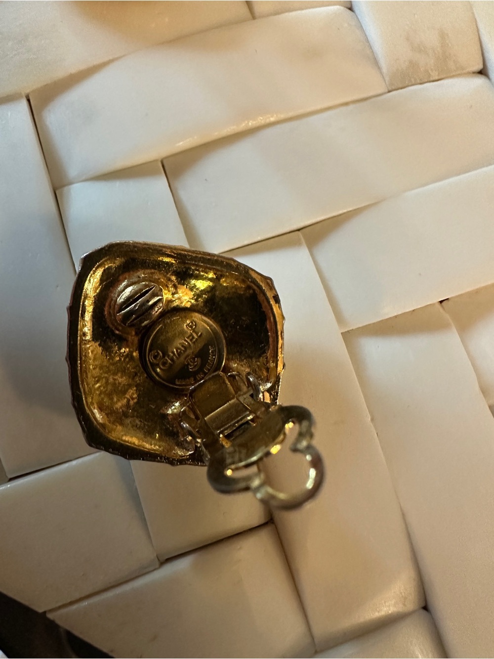 CHANEL Gold Quilted Square Drop Earrings - Textured Statement - Picture 5 of 5